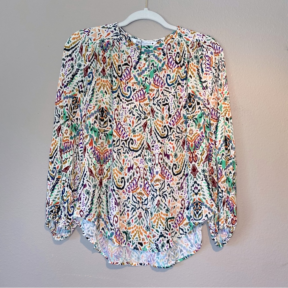 Zara Boho Artsy Whimsical Long Sleeve Top Small Maximalism Colorful Resort
